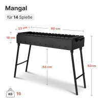Mangal Stahl 2 mm 90 cm, 14 Spieße, Grillrost Holzgriff, Grillbesteck, Grillfächer, Holzkohlegrill BBQ für Spieße oder Grillrost Schaschlik Shashlychnik Grill