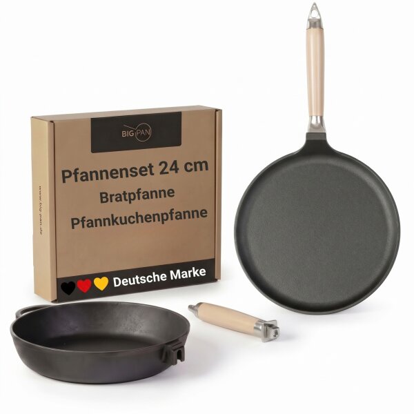 Premium Gusseisenpfannen-Set 24 cm - Crêpepfanne und Bratpfanne aus Gusseisen Pfannkuchenpfanne Crêpes Omlettpfanne Blinipfanne Holzgriff Induktion
