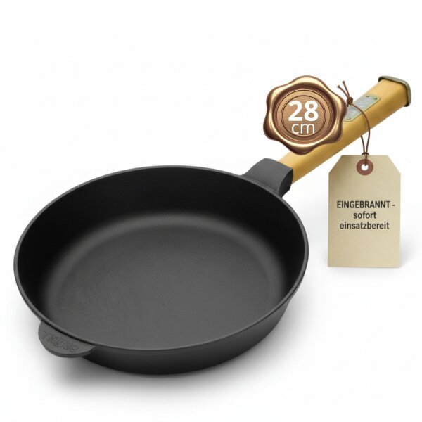 Gusseisenpfanne 28 cm EINGEBRANNT einsatzbereit Gußeisenpfanne Holzgriff Cast Iron Pan Pfanne Gusseisen Induktion