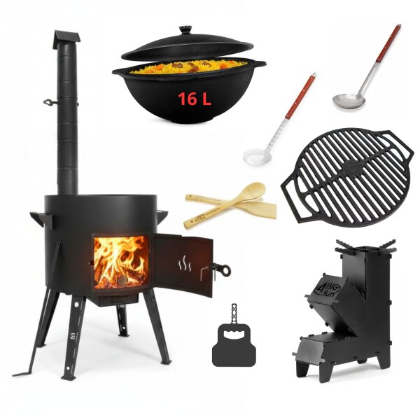 Ø44 cm Uchag Schornstein Raketenofen 16L Kasan Grillrost Gusseisen Grillfächer Pfannenwender Schaumkelle Suppenkelle Feuerstelle Feldküche Campingofen Außenküche Kazan Utschak Utschag