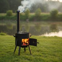 Ø44 cm Uchag Schornstein Raketenofen 16L Kasan Grillrost Gusseisen Grillfächer Pfannenwender Schaumkelle Suppenkelle Feuerstelle Feldküche Campingofen Außenküche Kazan Utschak Utschag