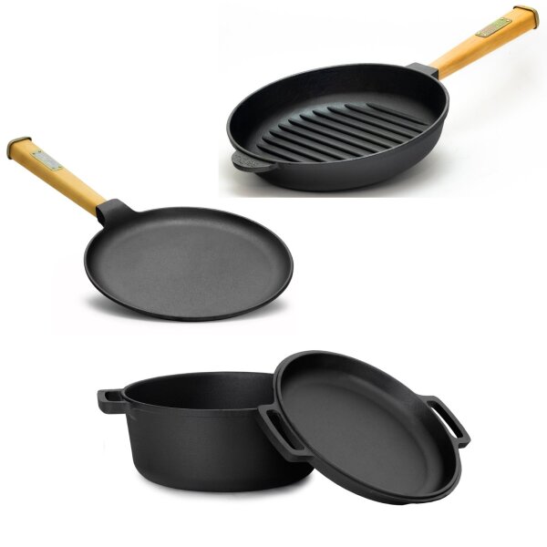 Ø24 cm Pfannkuchenpfanne Ø24 cm Brotbackform Ø28 cm Grillpfanne Gusseisen Holzgriff Induktion Kochtopf mit Deckel-Bratpfanne Steakpfanne Crêpes - Bratpfanne Omlettpfanne Blinipfanne