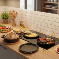 Ø24 cm Pfannkuchenpfanne Ø24 cm Brotbackform Ø28 cm Grillpfanne Gusseisen Holzgriff Induktion Kochtopf mit Deckel-Bratpfanne Steakpfanne Crêpes - Bratpfanne Omlettpfanne Blinipfanne