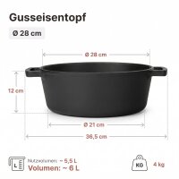 Gusseisen-Kochset Ø28 cm mit Glasdeckel - Gusseisentopf 6 Liter Bratpfanne mit abnehmbarem Griff Bambus-Küchenhelfer für alle Herdarten inkl. Induktion