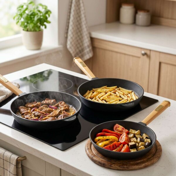 3-teiliges Gusseisenpfannen-Set 20/24/28 cm – Bratpfannen Set Gusseisen Bratpfanne Steakpfannen Feuerpfanne geeignet für Induktion Gasgrill Backofen