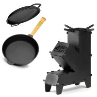 Raketenofen für Dutch Oven Ø20 cm Gusseisenpfanne Ø20 cm Deckel-Bratpfanne  Gusseisen Universaldeckel Servierpfanne Induktion Campingkocher Rocket Stove Grillen Camping Hobo Holzofe