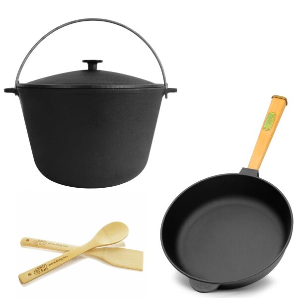 8L Touristenkessel Deckel Ø28 cm Pfanne Gusseisen  Gusseisenpfanne Schwenktopf Kessel - Campingtopf  Küchenhelfer Bambus Set