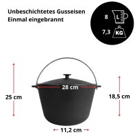 8L Touristenkessel Deckel Ø28 cm Pfanne Gusseisen  Gusseisenpfanne Schwenktopf Kessel - Campingtopf  Küchenhelfer Bambus Set