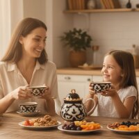 Set Holzfeuer-Samowar 5 Liter aus Edelstahl mit Schornstein Teeservice "Pahta Gul" (7-teilig) Usbekisch