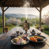 Set Holzfeuer-Samowar 5 Liter aus Edelstahl mit Schornstein Teeservice "Pahta Gul" (7-teilig) Usbekisch