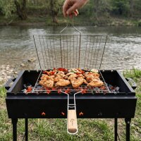 Edelstahl Grillrost 70 × 40 cm mit 2 cm Höhe und Holzgriff – Grillkorb für Holzkohlegrill & Feuerstelle Grillgitter BBQ Grillzubehör