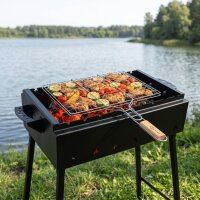 Grillrost 70 × 40 cm mit 2 cm Höhe und Holzgriff aus hochwertigem Stahl – Grillkorb für Holzkohlegrill & Feuerstelle Grillgitter BBQ Grillzubehör