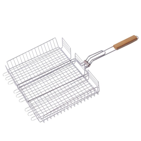 Edelstahl Grillrost 72 × 40 cm mit 6 cm Höhe und Holzgriff – Grillkorb für Holzkohlegrill & Feuerstelle Grillgitter BBQ Grillzubehör