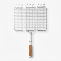 Edelstahl Grillrost 72 × 40 cm mit 6 cm Höhe und Holzgriff – Grillkorb für Holzkohlegrill & Feuerstelle Grillgitter BBQ Grillzubehör