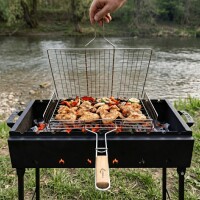Edelstahl Grillrost 72 × 40 cm mit 6 cm Höhe und Holzgriff – Grillkorb für Holzkohlegrill & Feuerstelle Grillgitter BBQ Grillzubehör