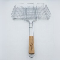 Edelstahl Grillrost 72 × 40 cm mit 6 cm Höhe und Holzgriff – Grillkorb für Holzkohlegrill & Feuerstelle Grillgitter BBQ Grillzubehör