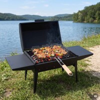Edelstahl Grillrost 72 × 40 cm mit 6 cm Höhe und Holzgriff – Grillkorb für Holzkohlegrill & Feuerstelle Grillgitter BBQ Grillzubehör