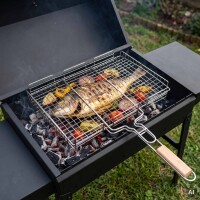 Edelstahl Grillrost 72 × 40 cm mit 6 cm Höhe und Holzgriff – Grillkorb für Holzkohlegrill & Feuerstelle Grillgitter BBQ Grillzubehör
