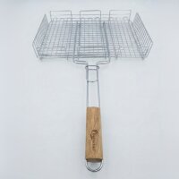 Grillrost 72 × 40 cm mit 6 cm Höhe und Holzgriff aus hochwertigem Stahl – Grillkorb für Holzkohlegrill & Feuerstelle Grillgitter BBQ Grillzubehör
