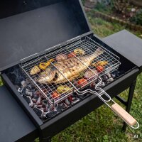 Grillrost 72 × 40 cm mit 6 cm Höhe und Holzgriff aus hochwertigem Stahl – Grillkorb für Holzkohlegrill & Feuerstelle Grillgitter BBQ Grillzubehör