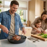 Premium Gusseisenpfanne 24 cm tief Induktion mit abnehmbarem Holzgriff – hochwertige unbeschichtete Gusspfanne backofenfest für alle Herdarten