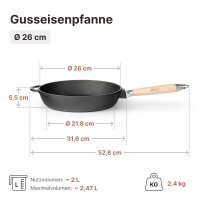 Premium Gusseisenpfanne 26 cm tief Induktion mit...