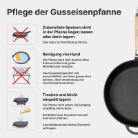 Premium Gusseisenpfanne 26 cm tief Induktion mit abnehmbarem Holzgriff – hochwertige unbeschichtete Gusspfanne backofenfest für alle Herdarten