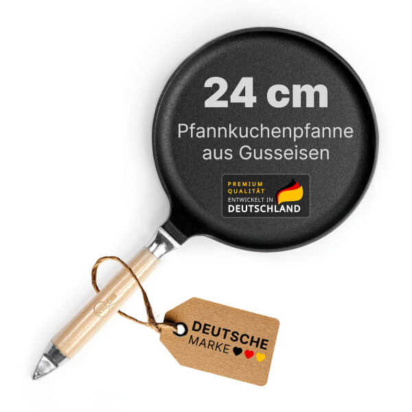 Premium Crêpepfanne aus Gusseisen 24 cm Induktion mit abnehmbarem Holzgriff – hochwertige unbeschichtete Pfannkuchenpfanne flach backofenfest für alle Herdarten