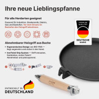 Premium Crêpepfanne aus Gusseisen 24 cm Induktion mit abnehmbarem Holzgriff – hochwertige unbeschichtete Pfannkuchenpfanne flach backofenfest für alle Herdarten