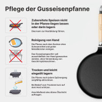 Premium Crêpepfanne aus Gusseisen 24 cm Induktion mit abnehmbarem Holzgriff – hochwertige unbeschichtete Pfannkuchenpfanne flach backofenfest für alle Herdarten