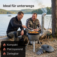 Utschak Outdoor Ofen 2 mm Stahl – Zerlegbarer Camping Ofen mit Rauchrohr, Grillrost & Adapterringen – Tragbarer Gartenofen für Feuerstelle & Outdoor Kochen