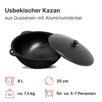 Utschak Set mit 8L Gusseisen Kazan mit Aludeckel, Ofen mit Rauchrohr, Adapterringen, Grillrost, Schaumlöffel, Schaufel, Feuerhaken & Handschuhen – Outdoor Kochset für Camping Garten Feuerstelle