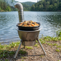 Utschak Set mit 8L Gusseisen Kazan mit Aludeckel, Ofen mit Rauchrohr, Adapterringen, Grillrost, Schaumlöffel, Schaufel, Feuerhaken & Handschuhen – Outdoor Kochset für Camping Garten Feuerstelle