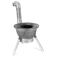 Utschak Set mit 8L Gusseisen Kazan mit Aludeckel, Ofen mit Rauchrohr, Adapterringen, Grillrost, Schaumlöffel, Schaufel, Feuerhaken & Handschuhen – Outdoor Kochset für Camping Garten Feuerstelle