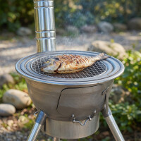 Utschak Set mit 8L Gusseisen Kazan mit Aludeckel, Ofen mit Rauchrohr, Adapterringen, Grillrost, Schaumlöffel, Schaufel, Feuerhaken & Handschuhen – Outdoor Kochset für Camping Garten Feuerstelle