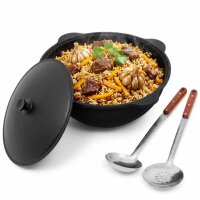 Variation: Original usbekischer Gusseisen Kasan mit Aluminiumdeckel inkl. Schöpfkelle und Schaumlöffel – Namangan Schwenktopf Cast Iron Dutch Oven Asia Feuertopf für Camping Outdoor Grill