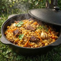 Variation: Original usbekischer Gusseisen Kasan mit Aluminiumdeckel inkl. Schöpfkelle und Schaumlöffel – Namangan Schwenktopf Cast Iron Dutch Oven Asia Feuertopf für Camping Outdoor Grill