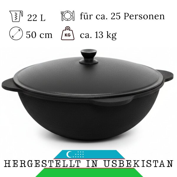 Original Usbekischer Kasan 22 L aus Gusseisen mit Aluminium-Deckel – Namangan Schwenktopf Dutch Oven Feuertopf für Camping Outdoor inkl. Schöpfkelle Schaumlöffel