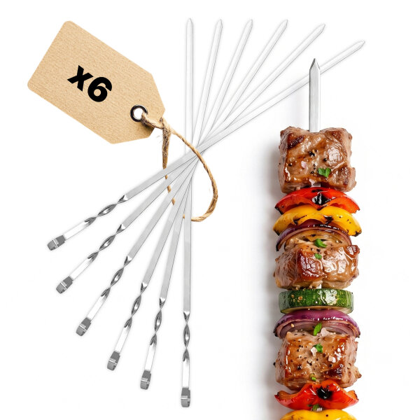 BBQ Set 6-teilig – Edelstahl Grillspieße 600 mm Schaschlikspieße rostfrei Wiederverwendbare Fleischspieße für Grill & BBQ