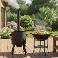 Premium Gusseisen Kazan Set 15 L mit Ofen Utschak Feuerofen Ø40 cm Uchag 2mm Stahl mit Abzugsrohr Kasan mit Gusseisendeckel Gulaschkanone Feuerstelle Feldküche