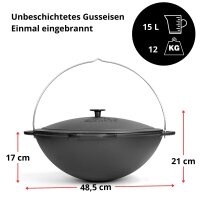 Premium Gusseisen Kazan Set 15 L mit Ofen Utschak Feuerofen Ø40 cm Uchag 2mm Stahl mit Abzugsrohr Kasan mit Gusseisendeckel Gulaschkanone Feuerstelle Feldküche