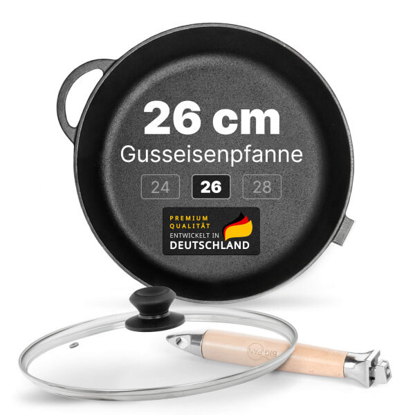 Premium Gusseisenpfanne 26 cm tief Induktion mit abnehmbarem Holzgriff und Glasdeckel – hochwertige unbeschichtete Gusspfanne backofenfest für alle Herdarten