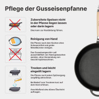 Premium Gusseisenpfanne 26 cm tief Induktion mit abnehmbarem Holzgriff und Glasdeckel – hochwertige unbeschichtete Gusspfanne backofenfest für alle Herdarten