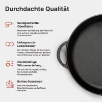 Premium Gusseisenpfanne 26 cm tief Induktion mit abnehmbarem Holzgriff und Glasdeckel – hochwertige unbeschichtete Gusspfanne backofenfest für alle Herdarten