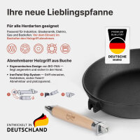 Premium Gusseisenpfanne 26 cm tief Induktion mit abnehmbarem Holzgriff und Glasdeckel – hochwertige unbeschichtete Gusspfanne backofenfest für alle Herdarten