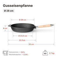 Premium tiefe Gusseisenpfanne 28 cm mit Glasdeckel...