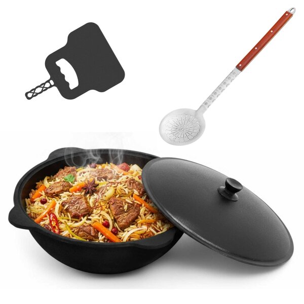 Kazan aus Gusseisen mit Aluminium Deckel Zubehör Schwenktopf NAMANGAN Uzbek Camping Kasan Uzbekisch Cast Iron KESSEL Usbek Asia Topf