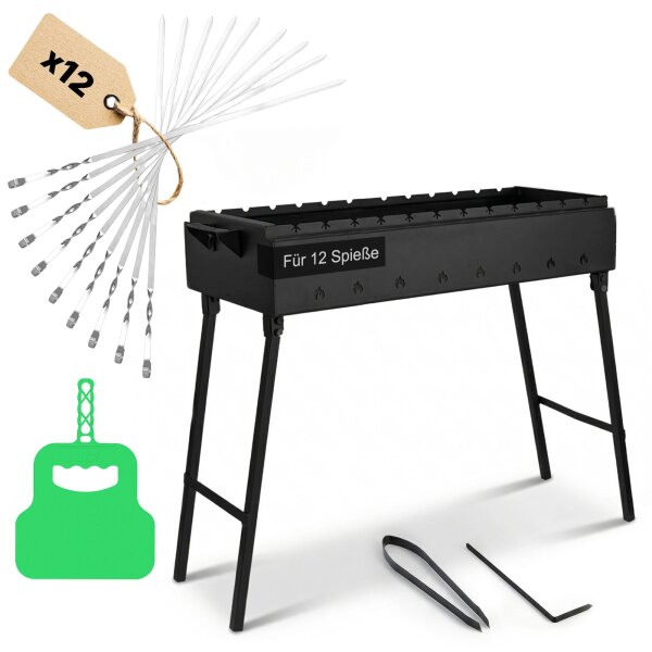 Klappbarer Schaschlikgrill 80 cm Stahl  2 mm mit 12 Edelstahlspießen & Grillfächer – BBQ Mangal für Grillspieße oder Grillrost, ideal für Picknick, Garten & Camping