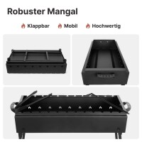 Klappbarer Schaschlikgrill 80 cm Stahl  2 mm mit 12 Edelstahlspießen & Grillfächer – BBQ Mangal für Grillspieße oder Grillrost, ideal für Picknick, Garten & Camping