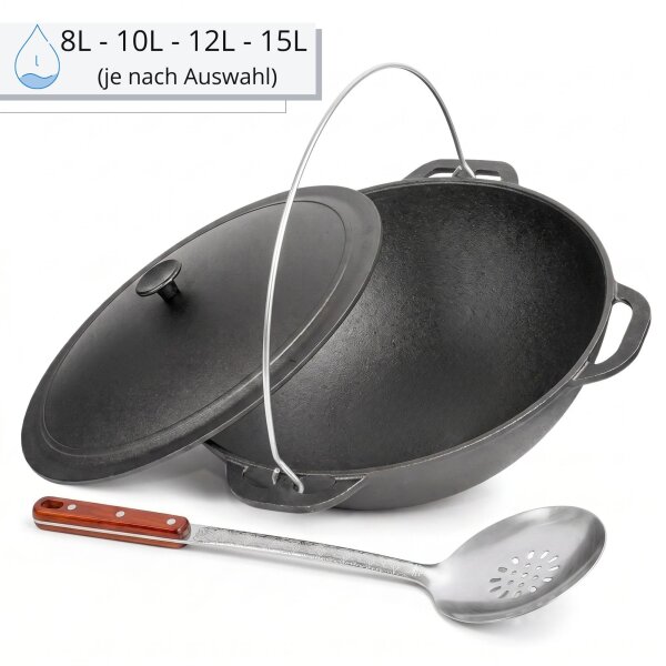 Gusseisen Kazan Set mit Gusseisendeckel, Bügel und Schaumkelle - Traditioneller Schwenktopf Gusstopf Kasan Grillwok Schmortopf mit Zubehör